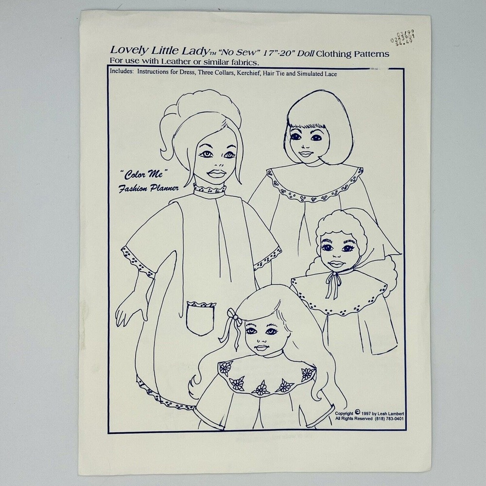 Lovely Little Lady No Sew 17”-20” Doll Clothing Patterns Uncut Leather